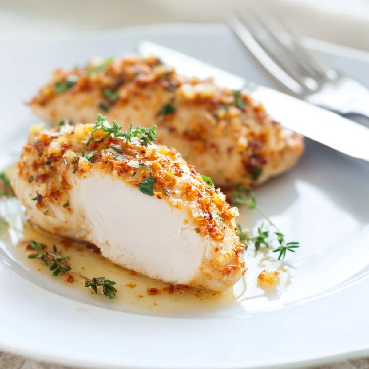 Juicy garlic butter baked chicken breast drizzled in herb sauce beside roasted vegetables