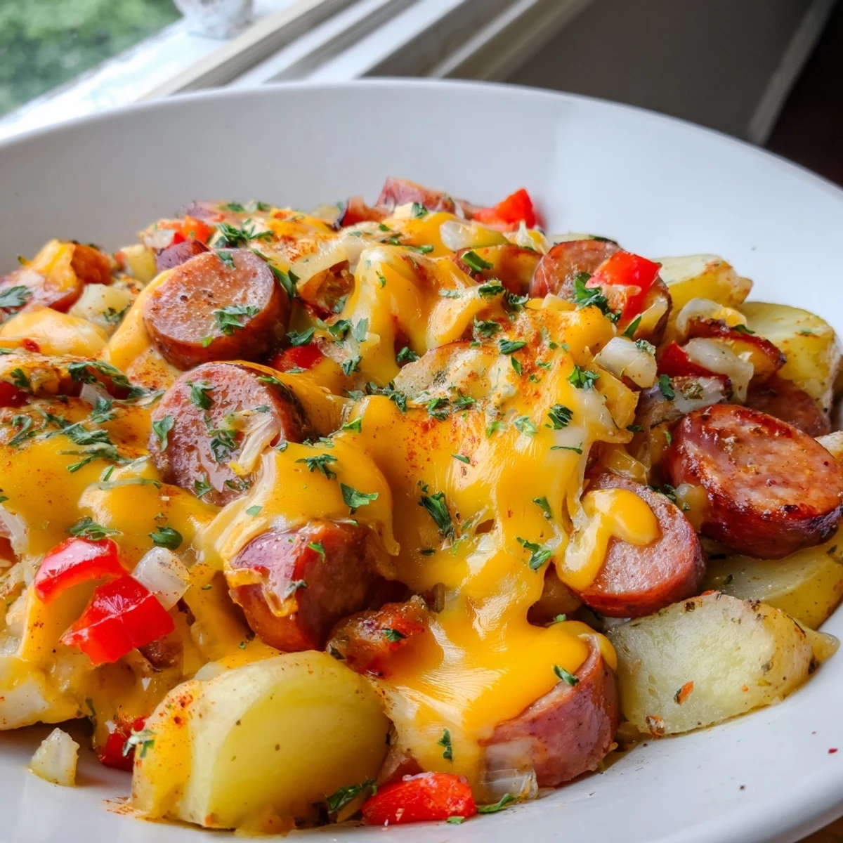 Golden bubbling cheddar tops this cheesy kielbasa skillet with potatoes and peppers