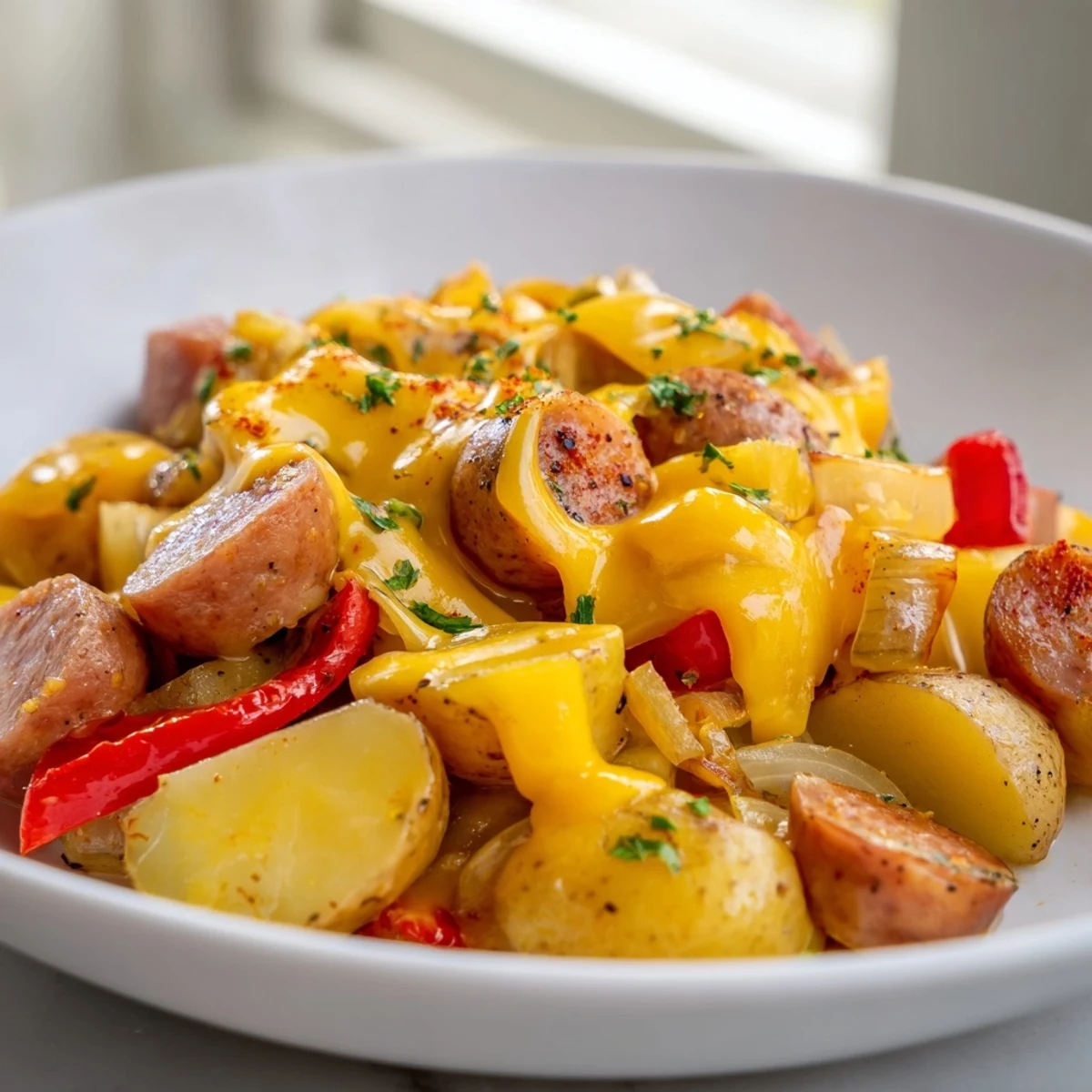 Smoky sliced sausage and tender potatoes in a cheesy kielbasa skillet dinner