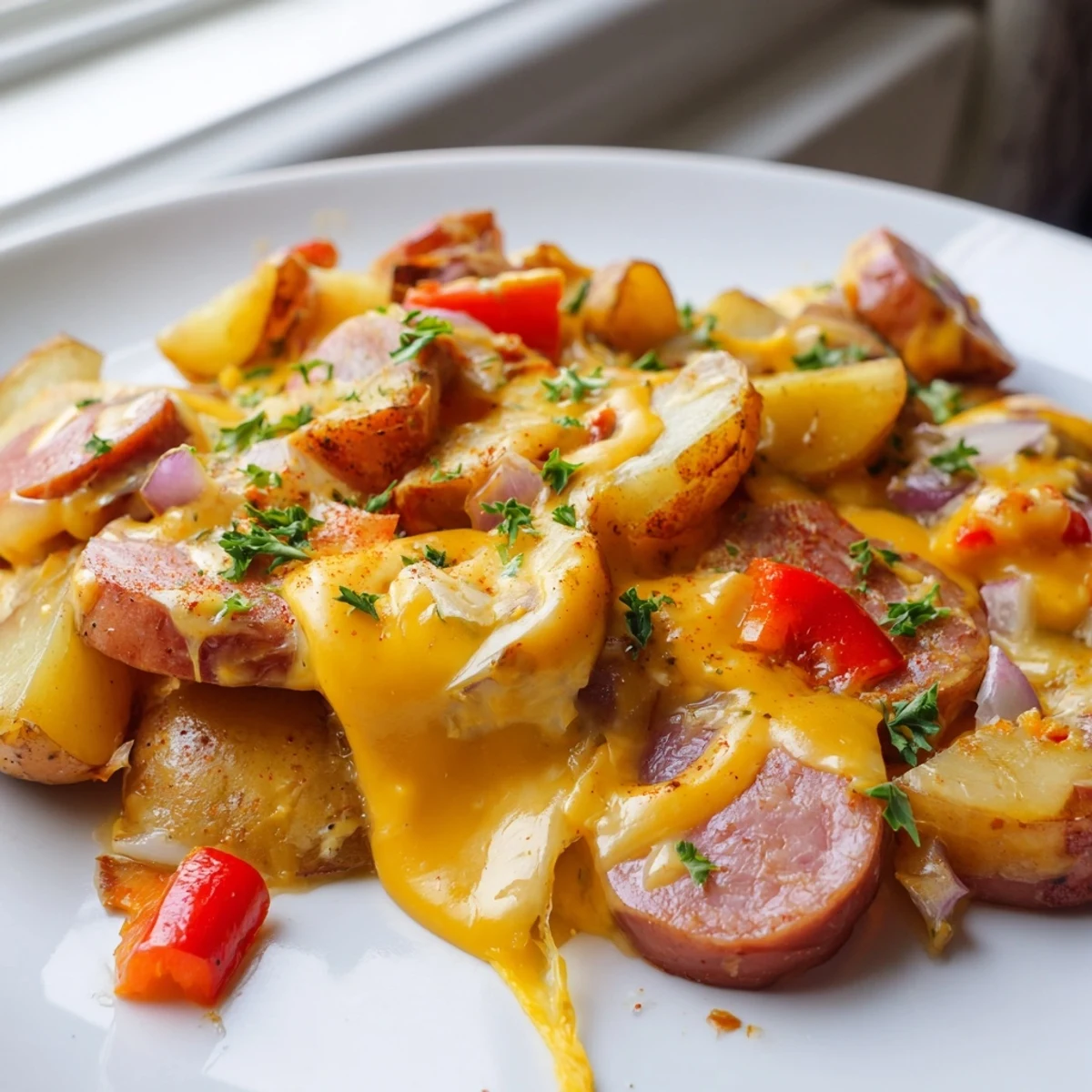 A cast iron cheesy kielbasa skillet bubbling with melted cheddar and vegetables