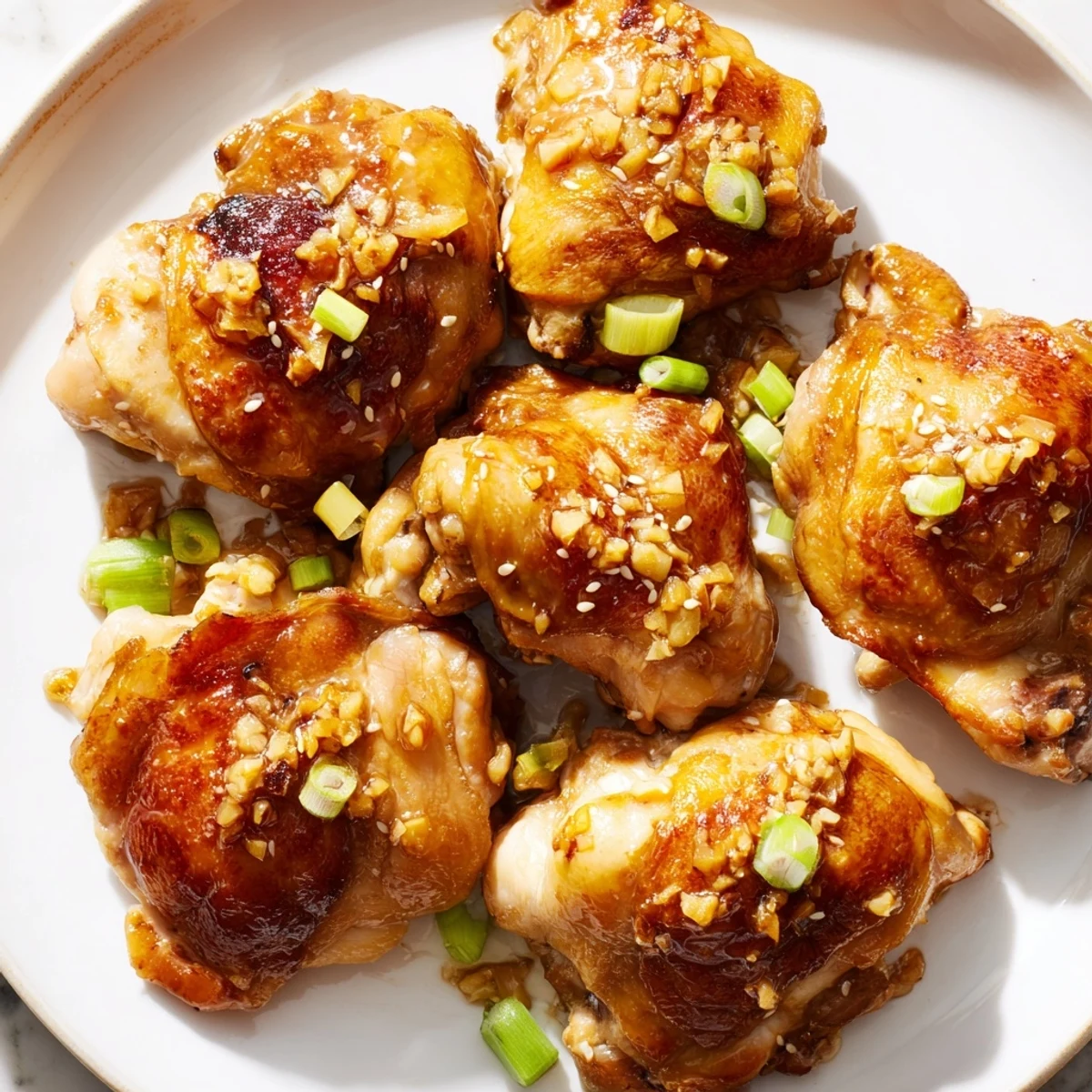 Juicy ginger garlic chicken thighs glistening with caramelized marinade fresh from oven