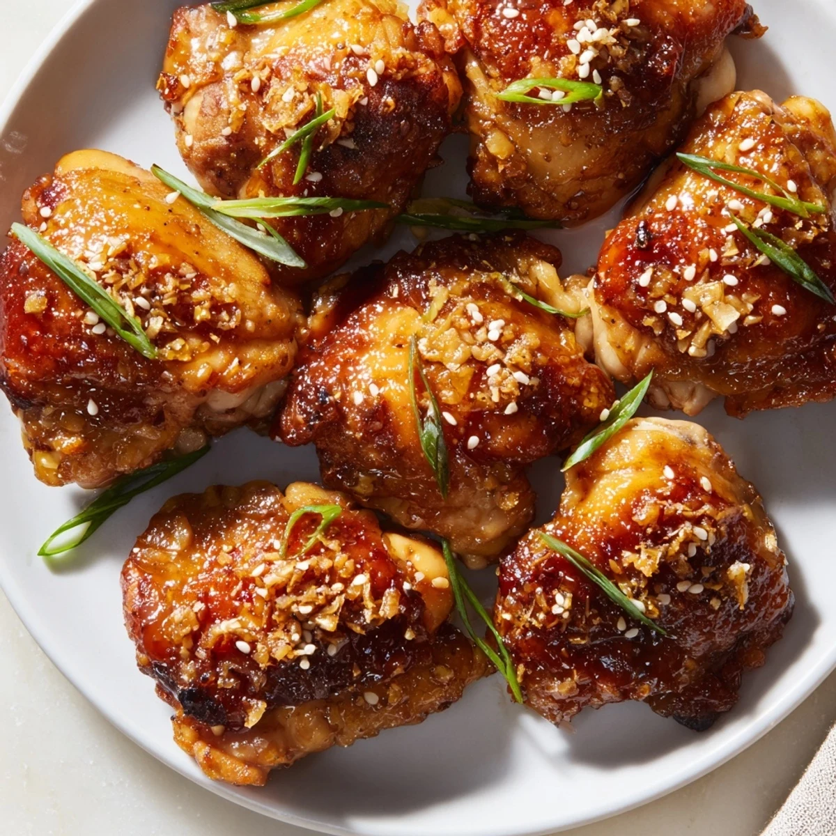 Tender ginger garlic chicken thighs garnished with green onions on a white platter