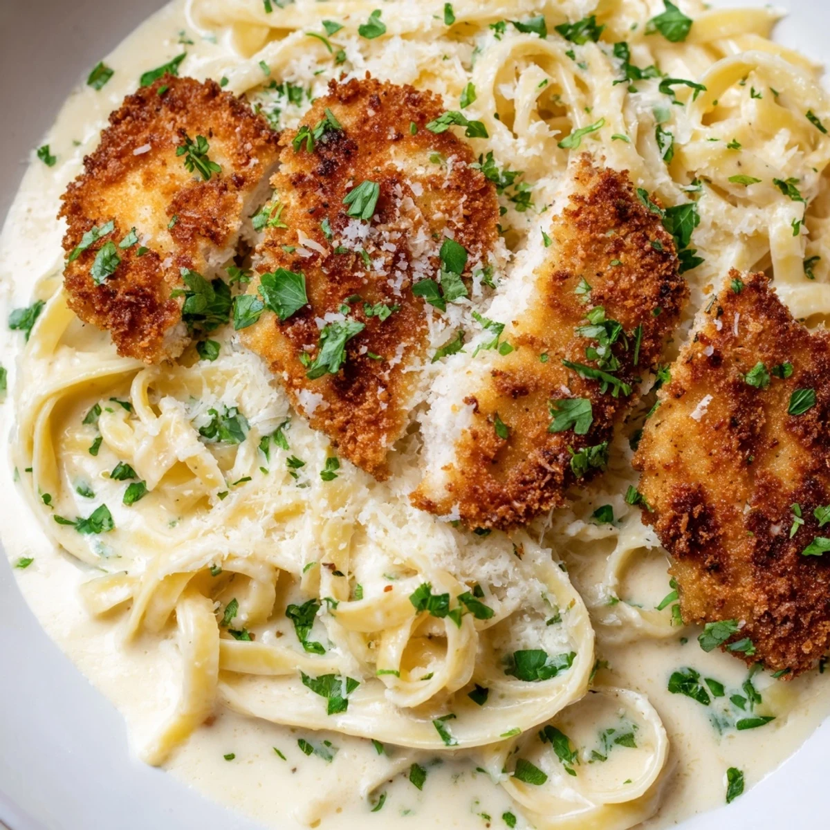 Golden crispy chicken resting on creamy fettuccine in rich Alfredo sauce with parsley garnish