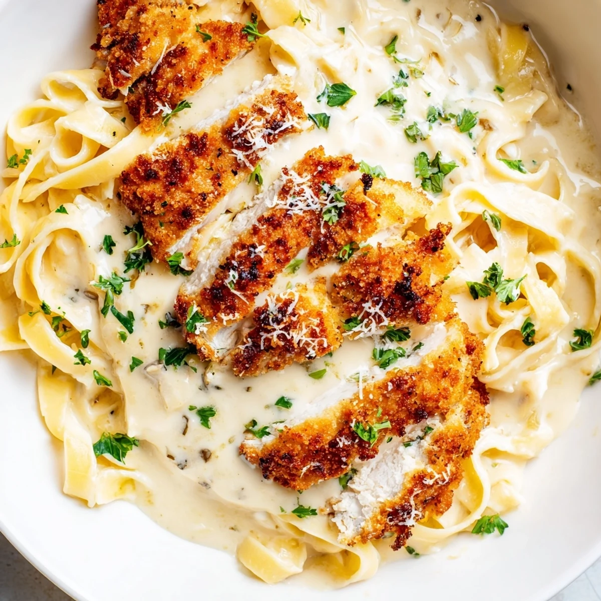 Pan-fried chicken cutlets with Parmesan crust served over tender pasta coated in velvety Alfredo sauce