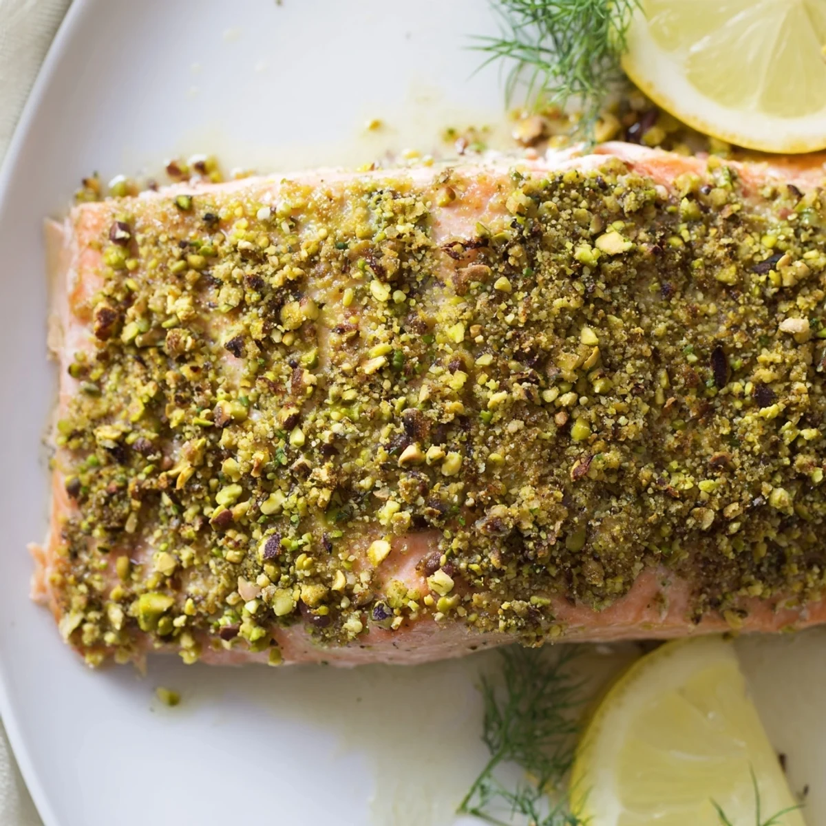 Golden maple pistachio salmon fillet fresh from the oven on parchment paper
