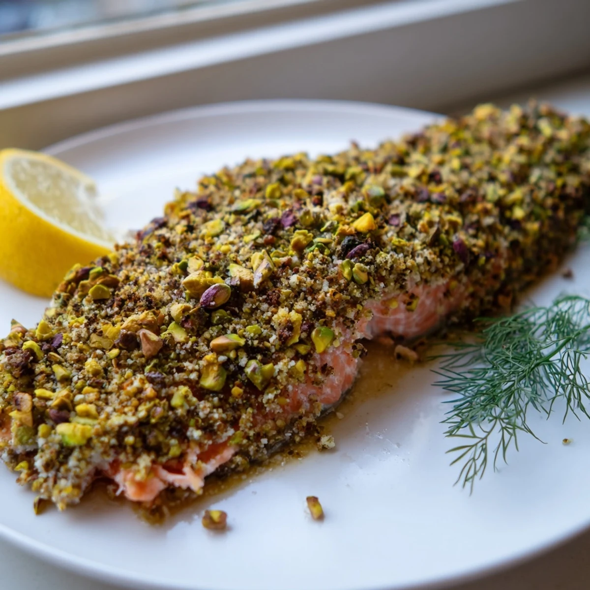Crusted maple pistachio salmon topped with chopped nuts and fresh thyme