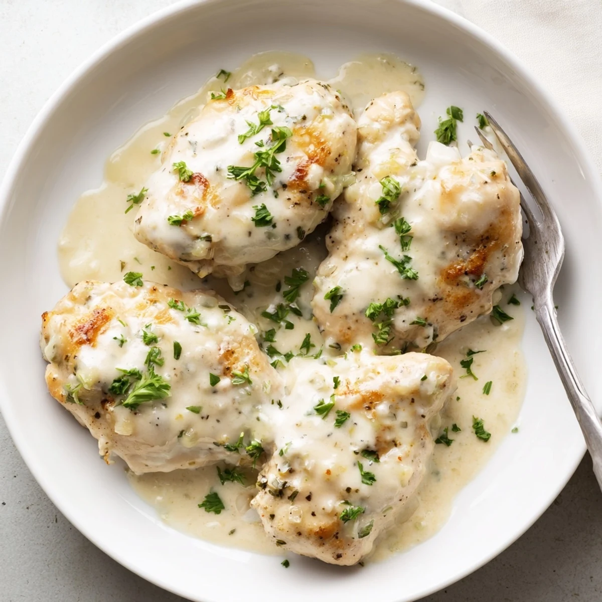Cream Cheese Chicken smothered in a velvety Parmesan sauce with fresh parsley garnish