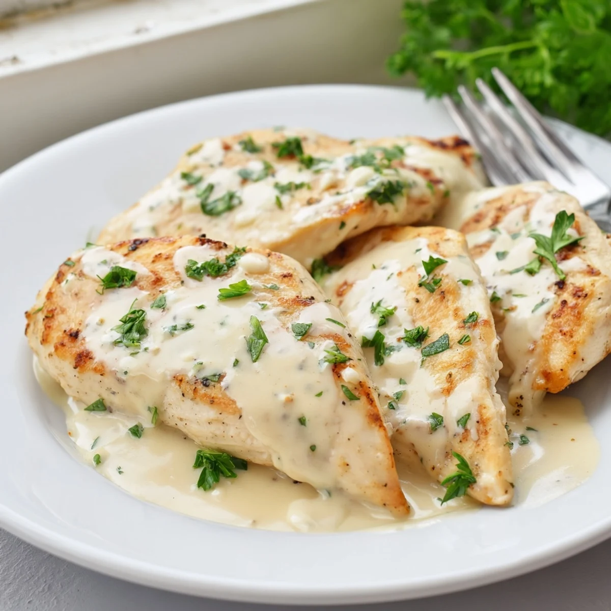 Golden seared Cream Cheese Chicken bubbling in a rich, tangy cream cheese skillet