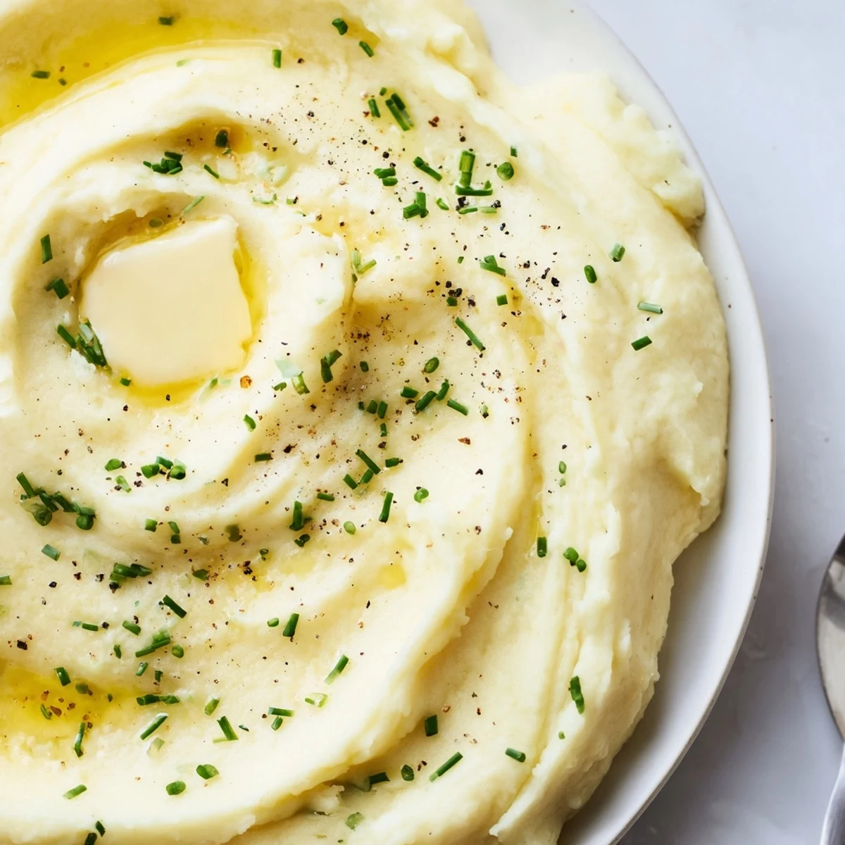 A bowl of velvety mashed potatoes topped with melting butter and fresh chives