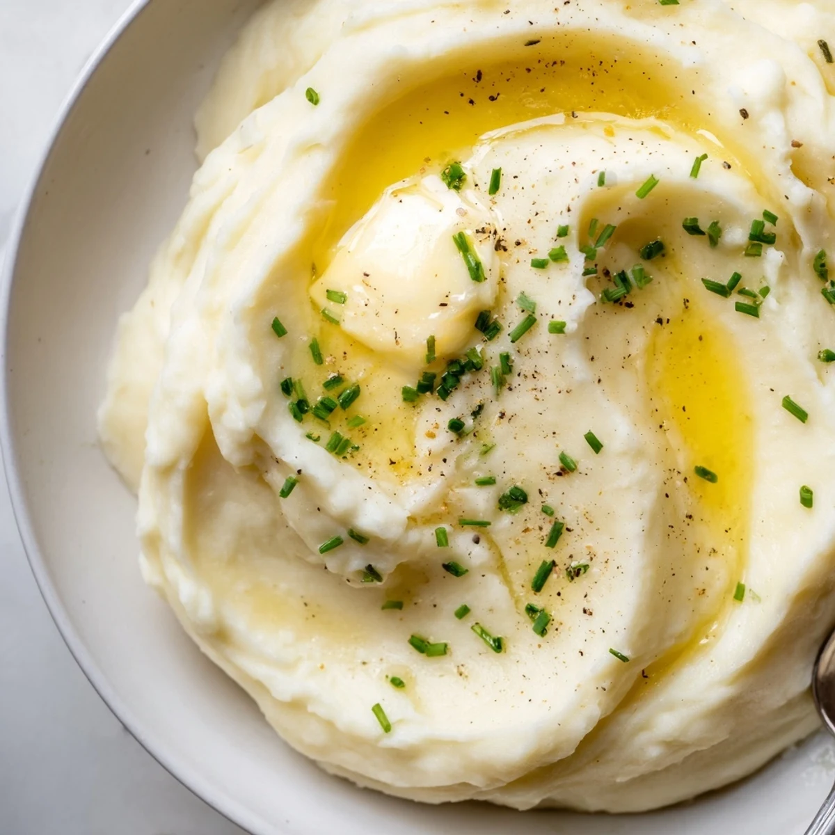 Creamy velvety mashed potatoes whipped smooth with butter and served steaming hot
