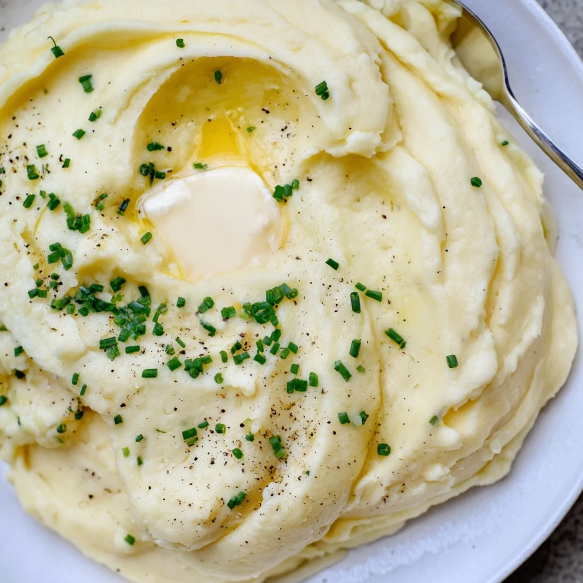 A spoonful of velvety mashed potatoes pooling with rich melted butter