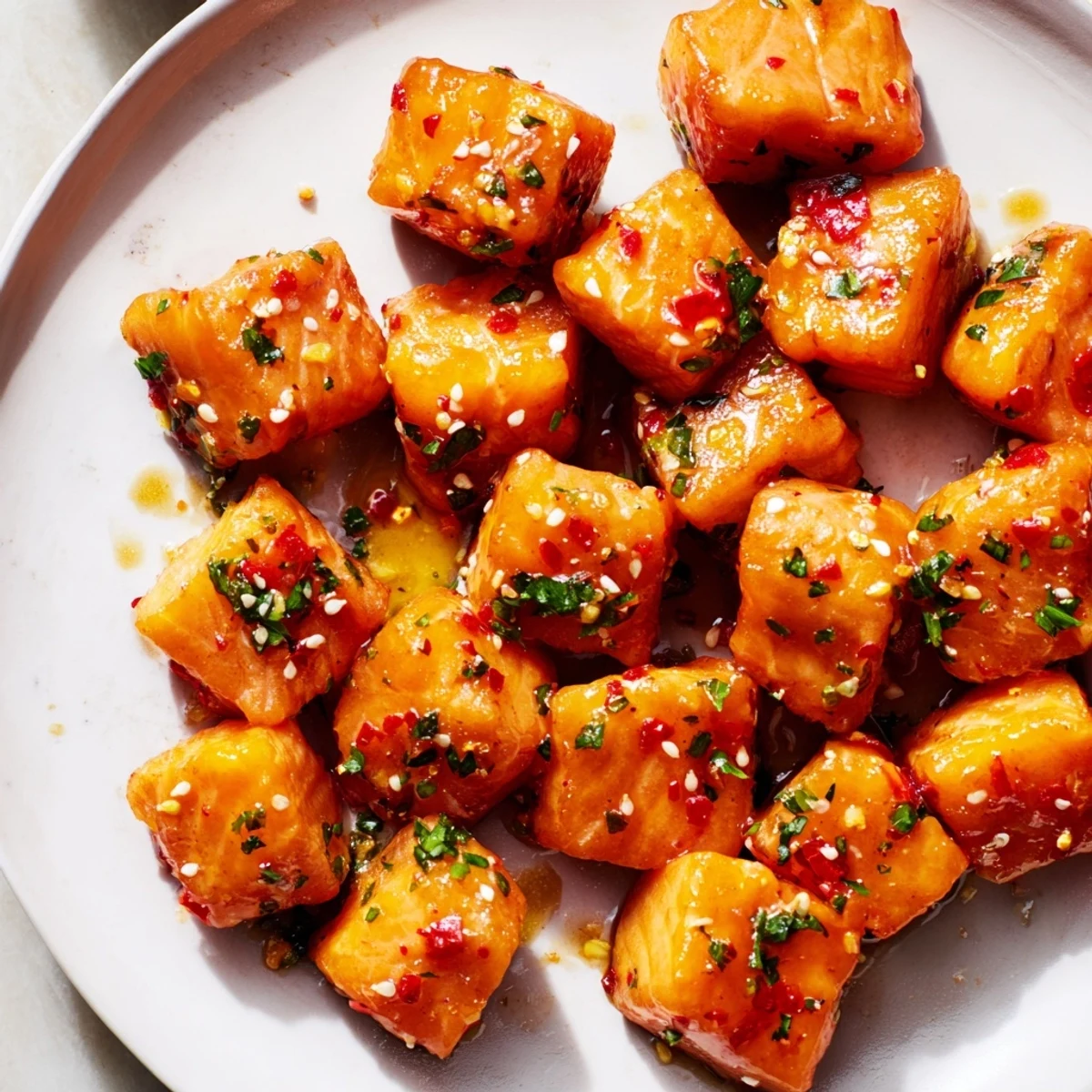 Golden hot honey salmon bites garnished with fresh herbs and sesame seeds