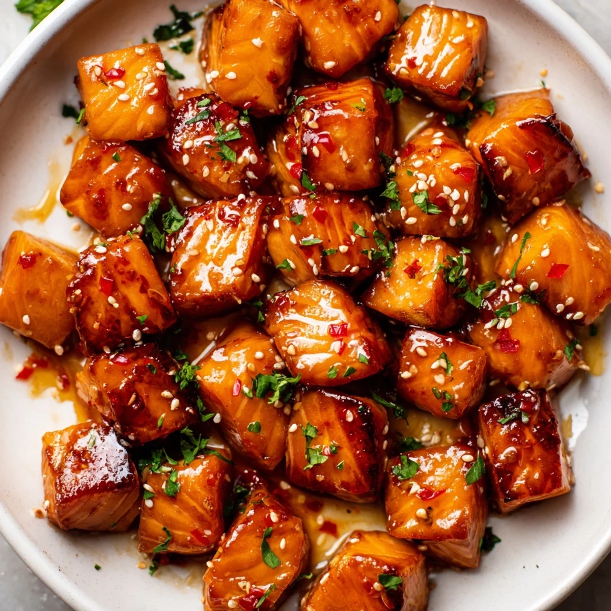 Caramelized hot honey salmon bites glistening with spicy-sweet glaze on a rustic plate