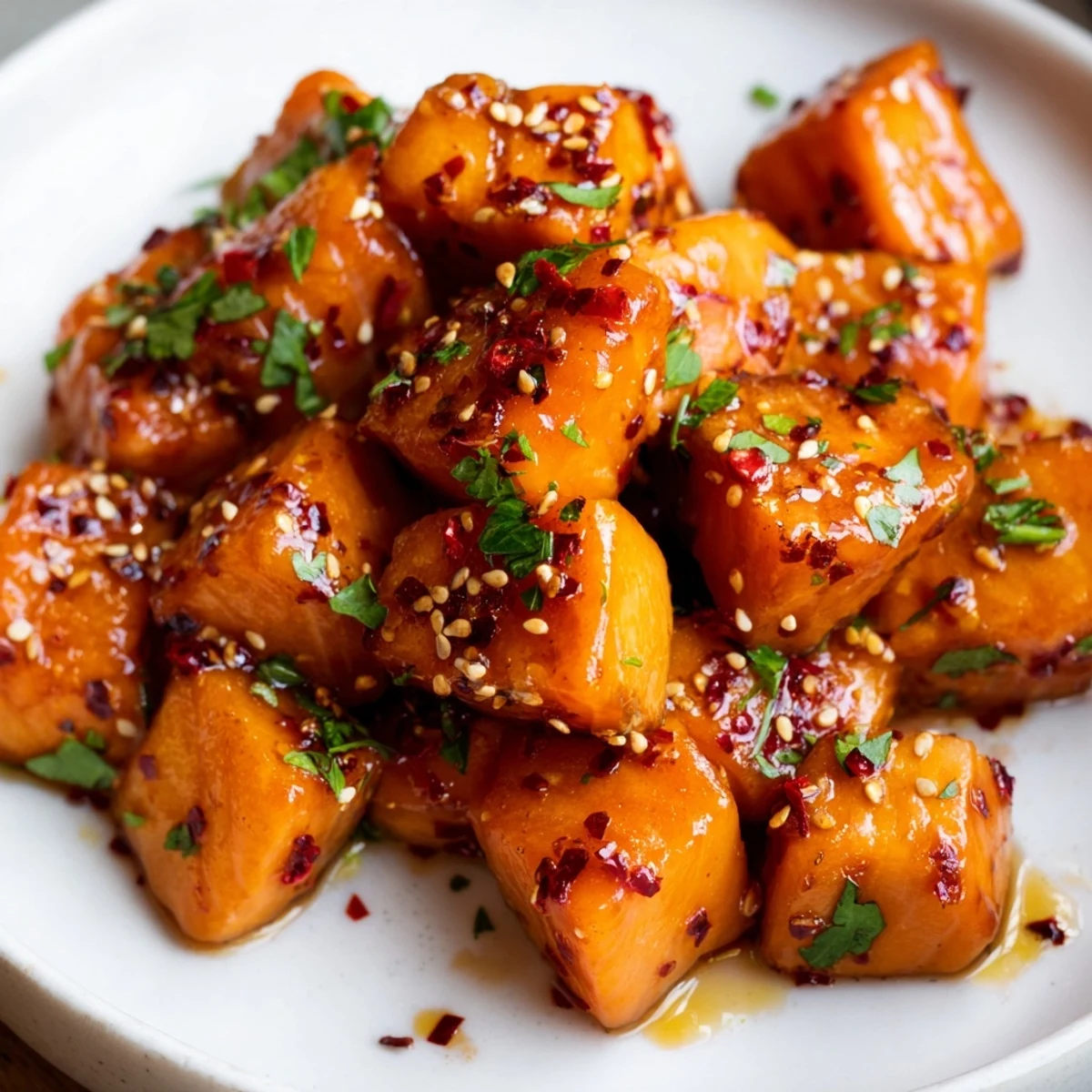 Crispy-edged hot honey salmon bites drizzled with sticky sauce and bright lemon wedges