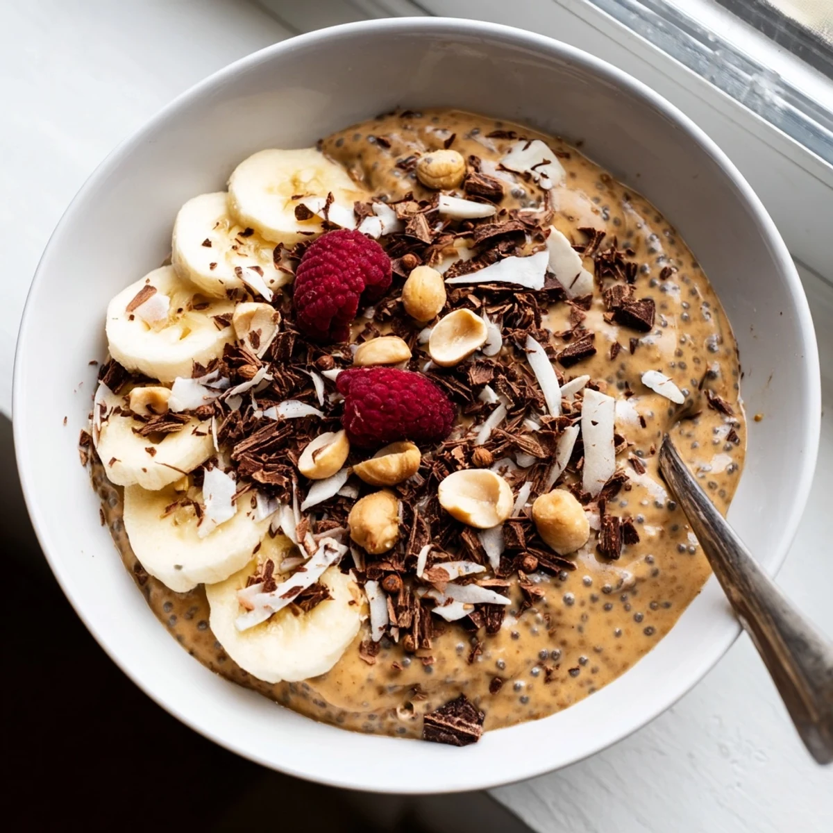 Creamy peanut butter chia pudding topped with sliced banana and roasted peanuts