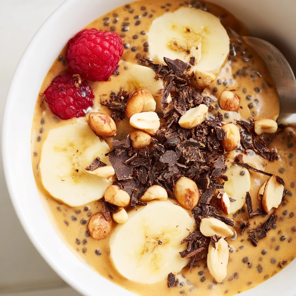 Velvety peanut butter chia pudding garnished with fresh berries in a white bowl