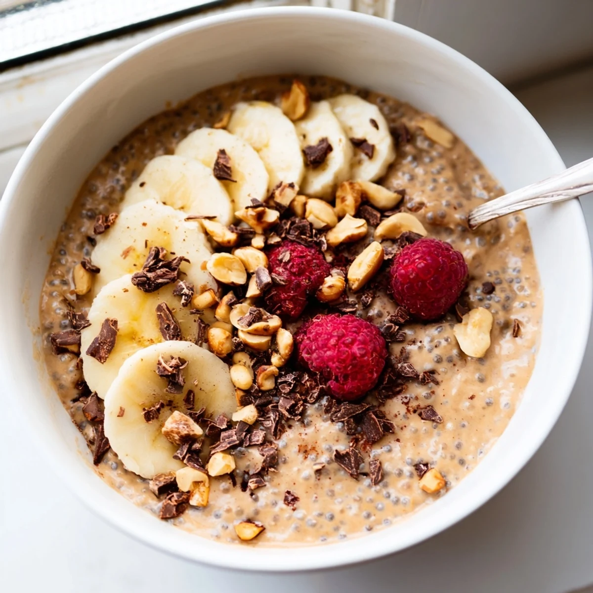 Thick peanut butter chia pudding served in mason jars with dark chocolate shavings