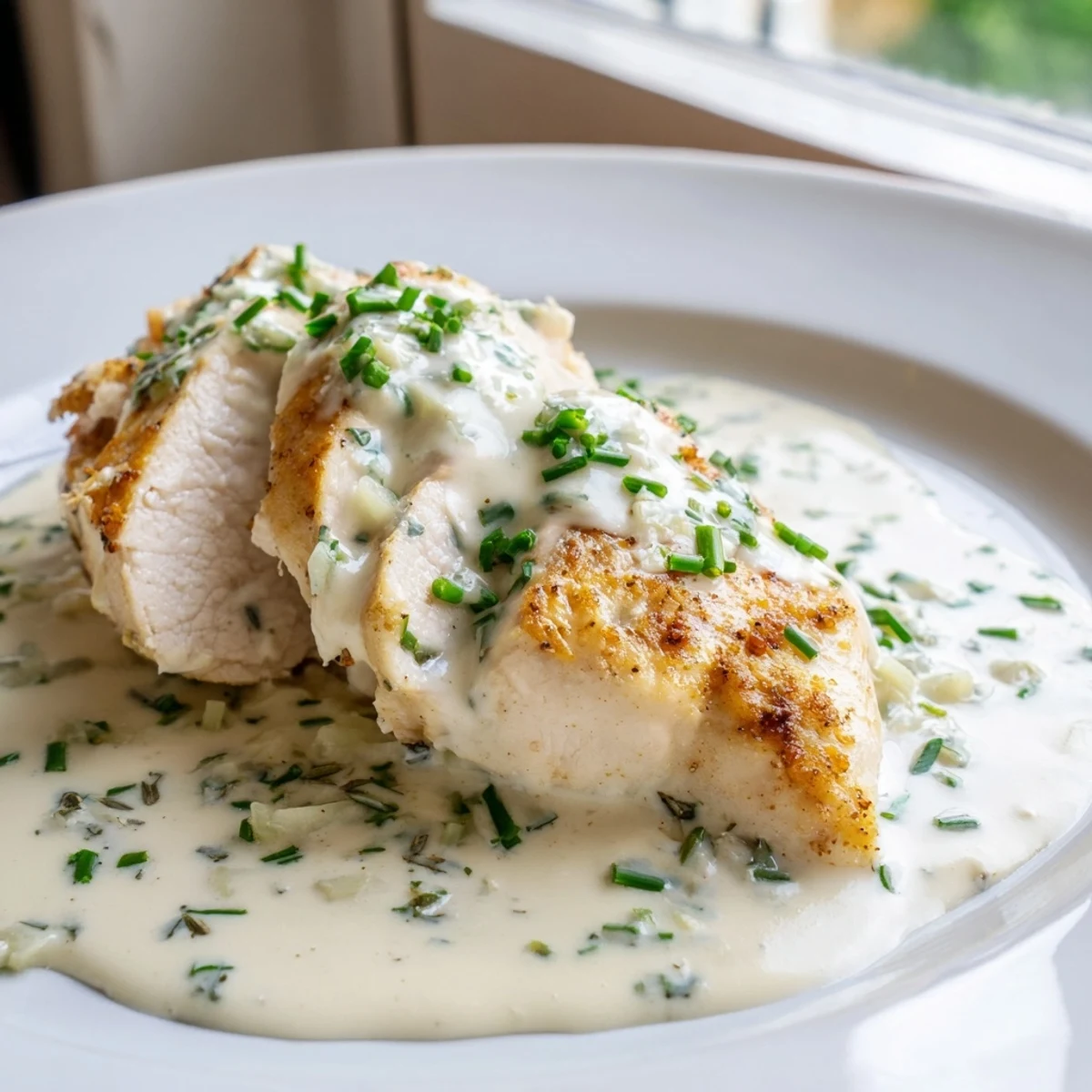 Creamy Boursin sauce with garlic and herbs drapes over golden seared chicken breast