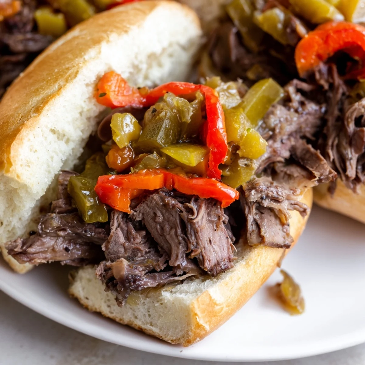 Juicy Chicago Style Italian Beef sandwich dripping with savory au jus and topped with spicy giardiniera