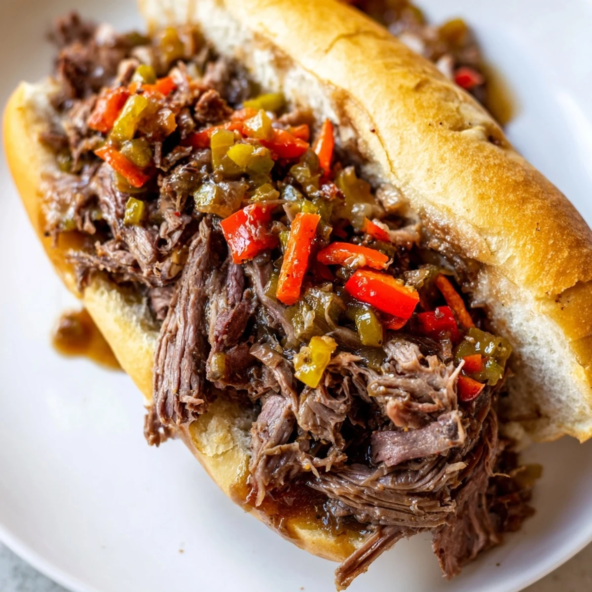 Thinly sliced Chicago Style Italian Beef piled high on a toasted roll with sweet peppers