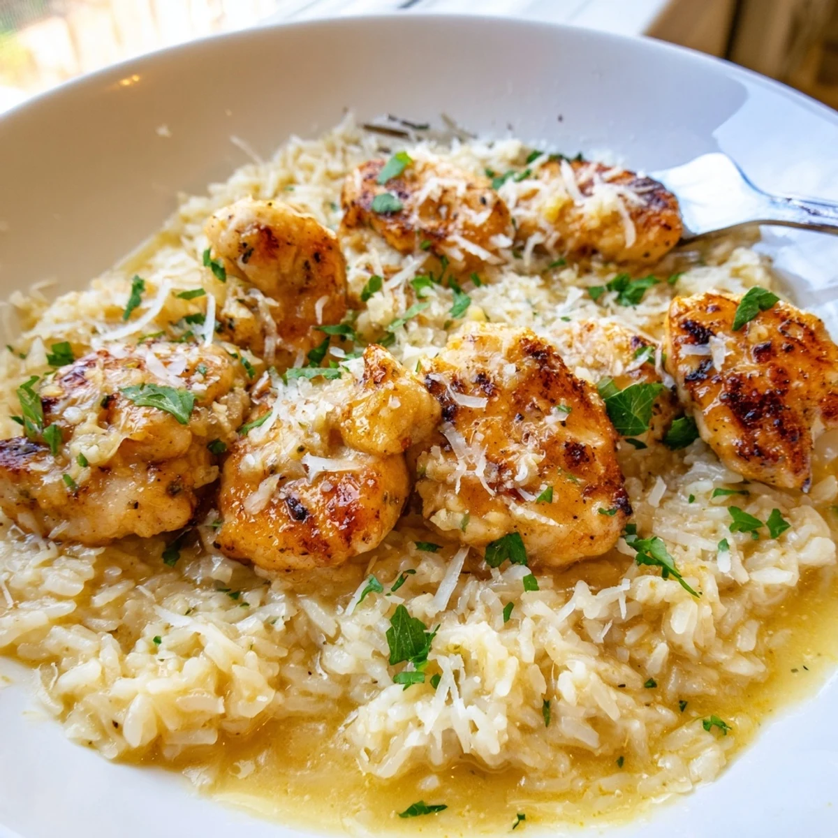 Golden chicken scampi with garlic parmesan rice garnished with fresh parsley