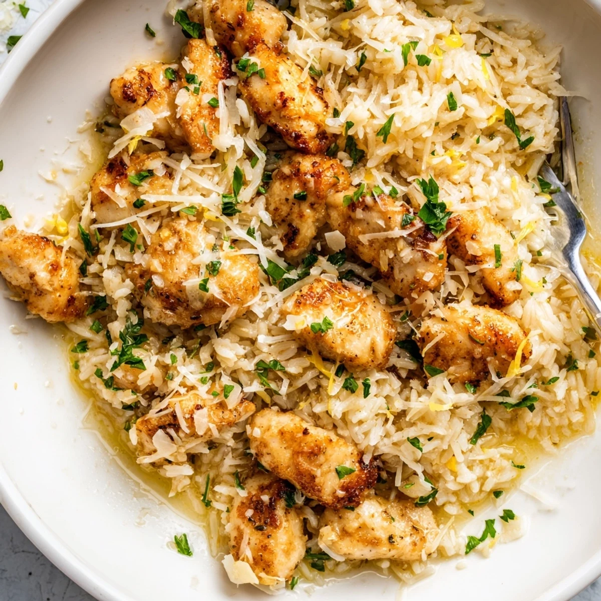Juicy seared chicken scampi piled on buttery garlic parmesan rice with zesty pan sauce