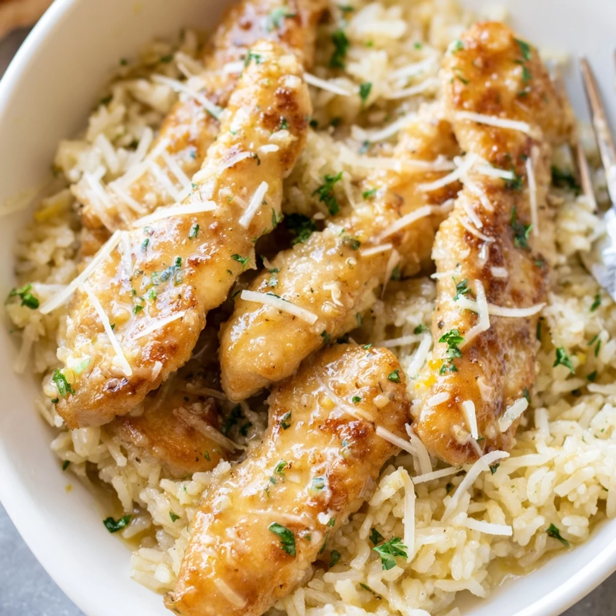 Tender chicken scampi served over creamy garlic parmesan rice with lemon butter sauce