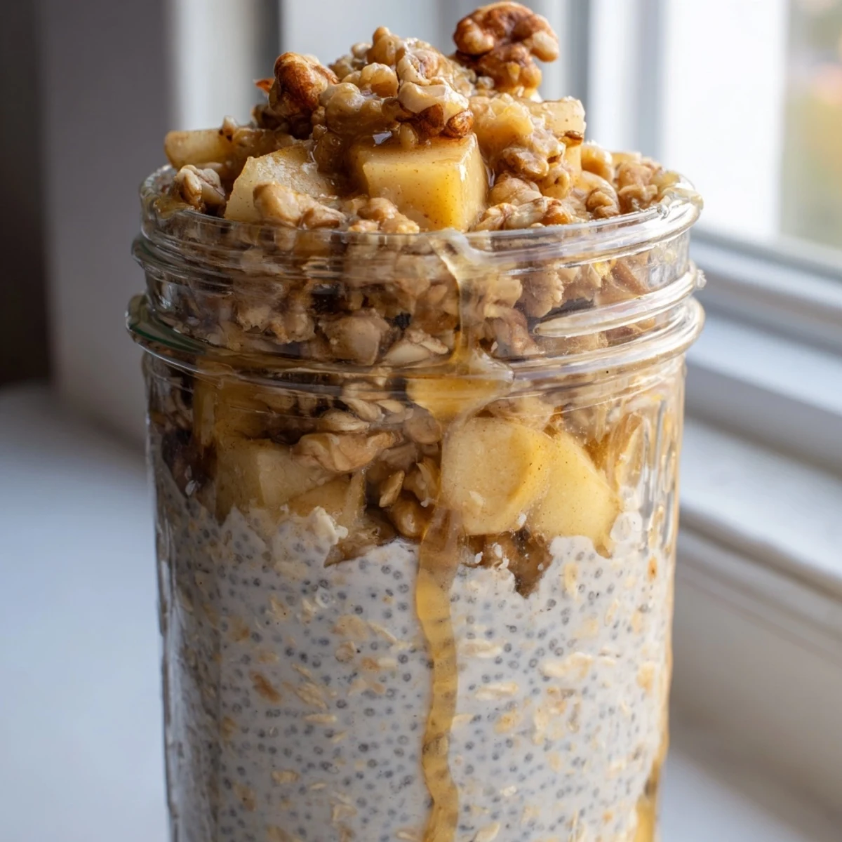 Layered apple crumble overnight oats featuring tender cinnamon apples creamy yogurt oats and a buttery crumble topping