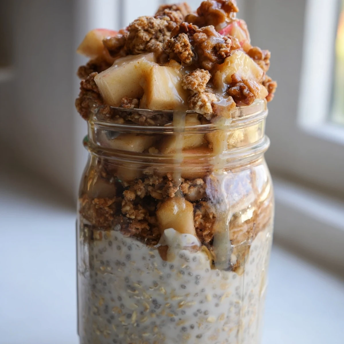 Warm spiced apple crumble overnight oats served in a glass jar topped with golden crumbly pecan streusel