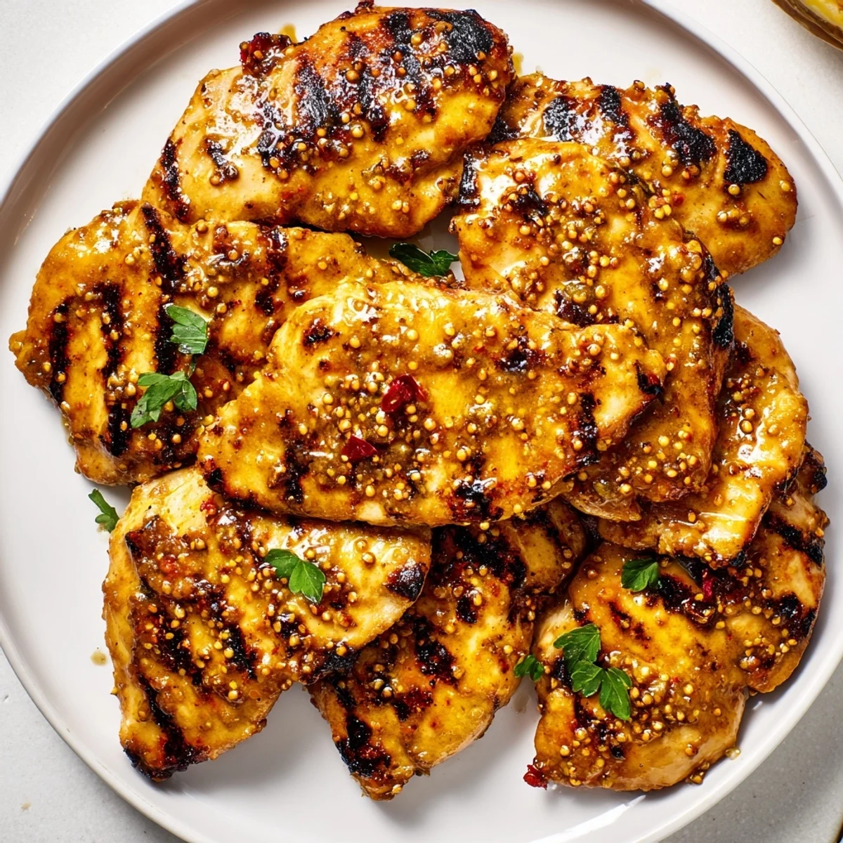 Golden grilled honey mustard chicken with charred grill marks on a rustic platter
