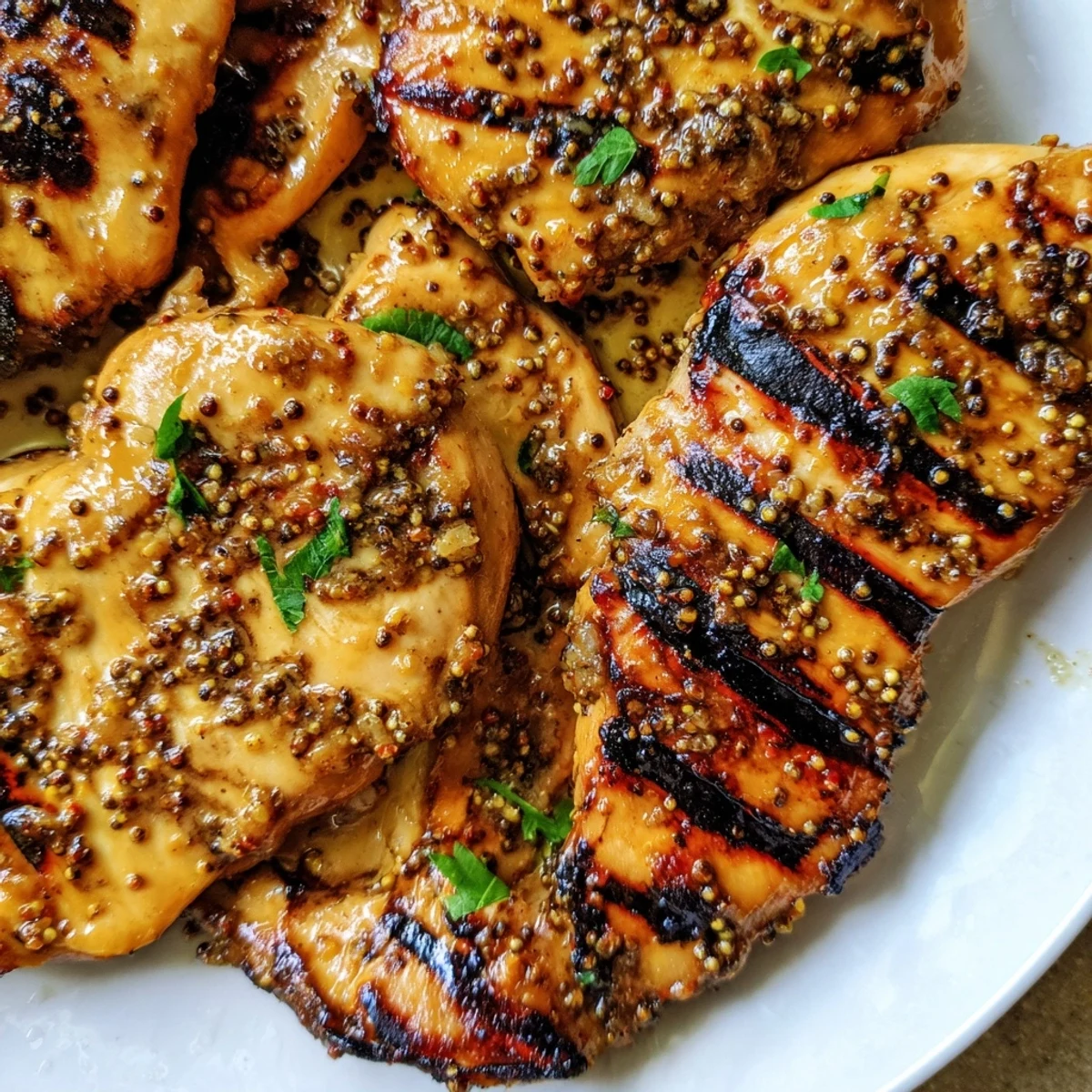Juicy honey mustard grilled chicken breast sliced open showing tender moist meat