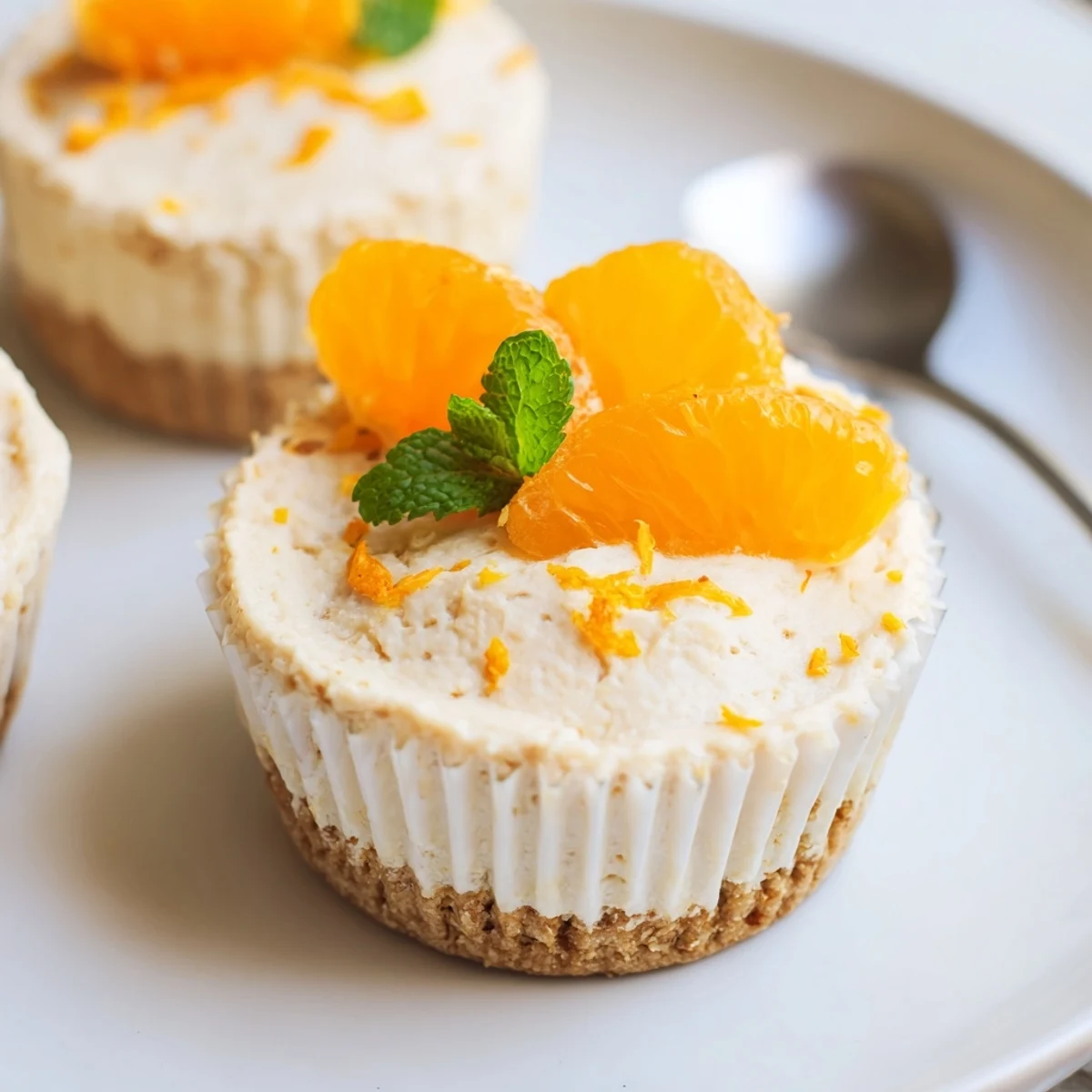 Mini no bake orange cheesecakes with golden graham cracker crust and zesty citrus filling