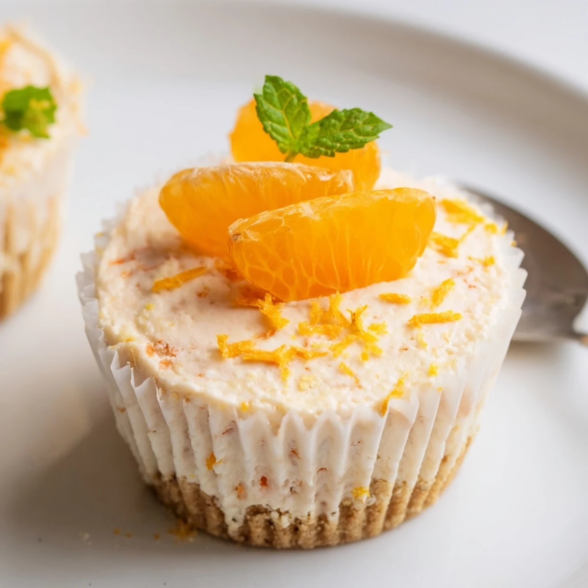 Creamy mini no bake orange cheesecakes topped with fresh orange segments and mint