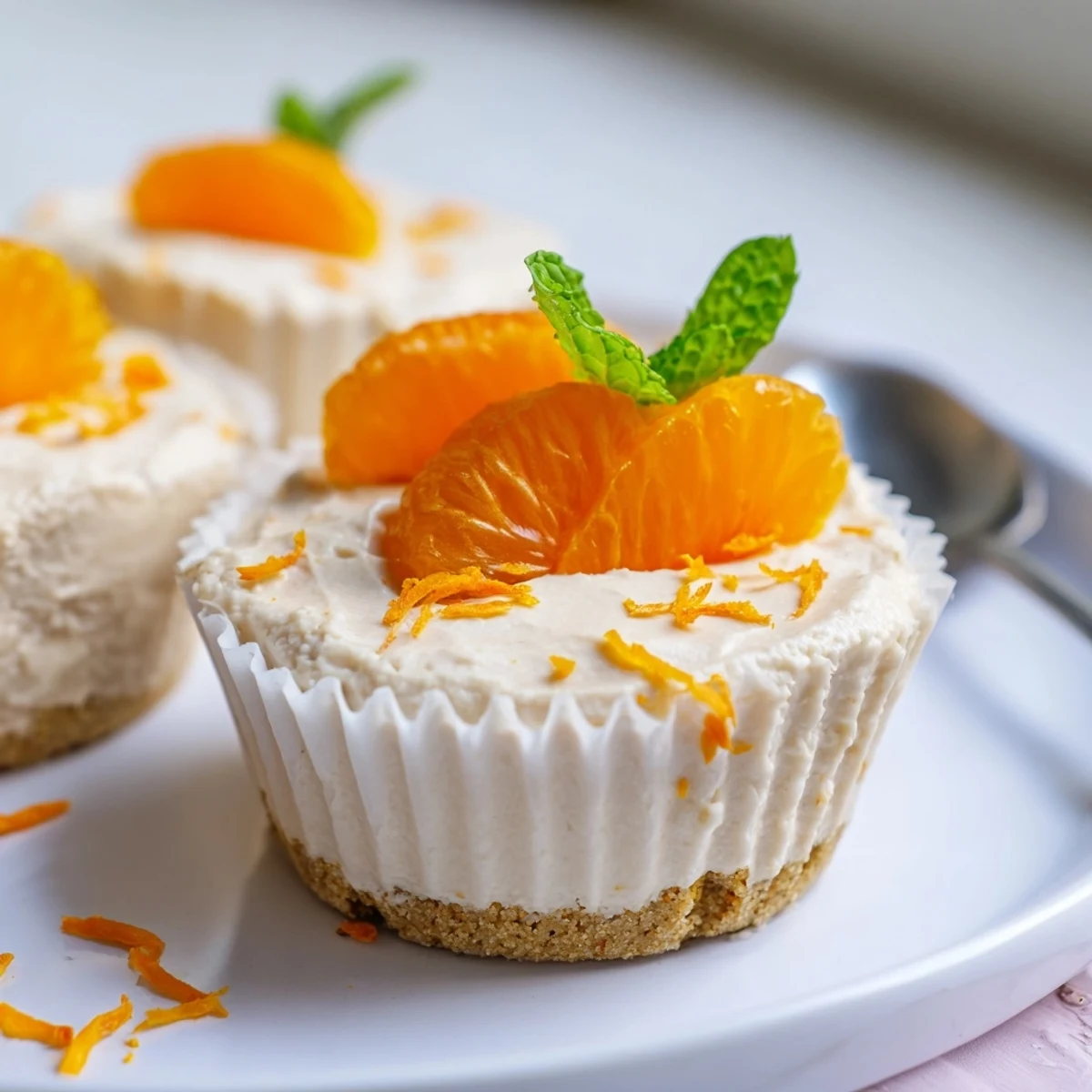 Tangy mini no bake orange cheesecakes piped high in paper liners on a cooling rack