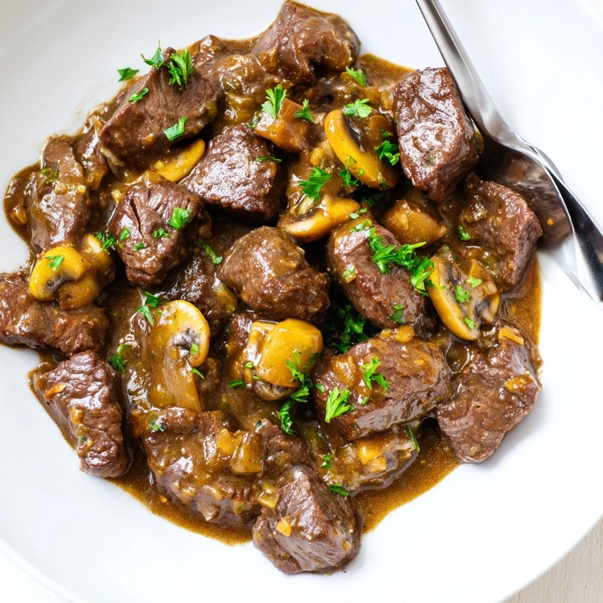 Juicy seared steak tips and gravy in a rich savory brown sauce