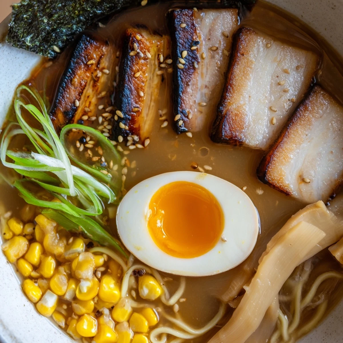 Steaming bowl of homemade ramen with sliced pork, soft-boiled egg, and nori