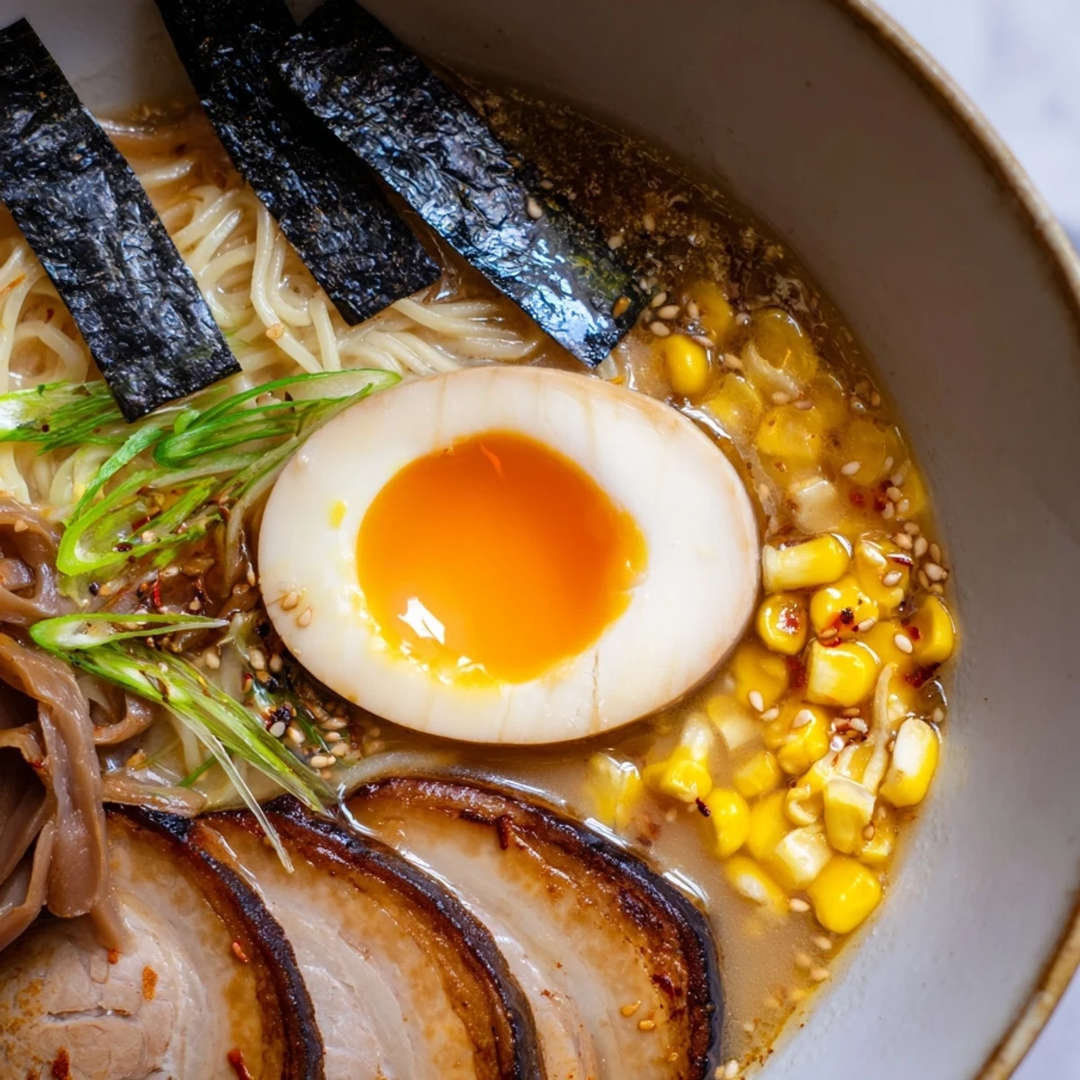 Comforting ramen in savory miso broth garnished with tender pork and halved egg