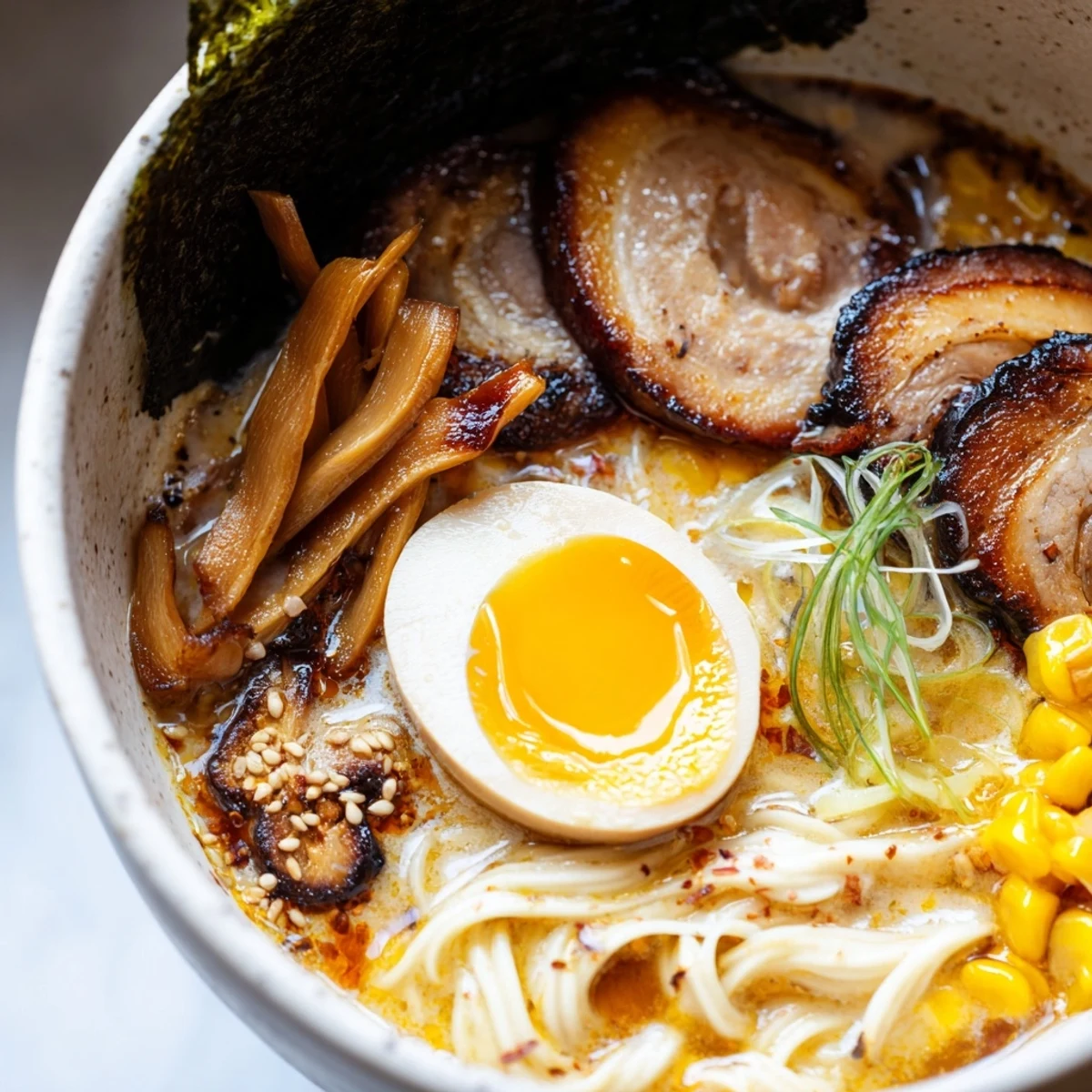 Rich ramen noodle soup topped with mushrooms, spring onions, and sesame seeds