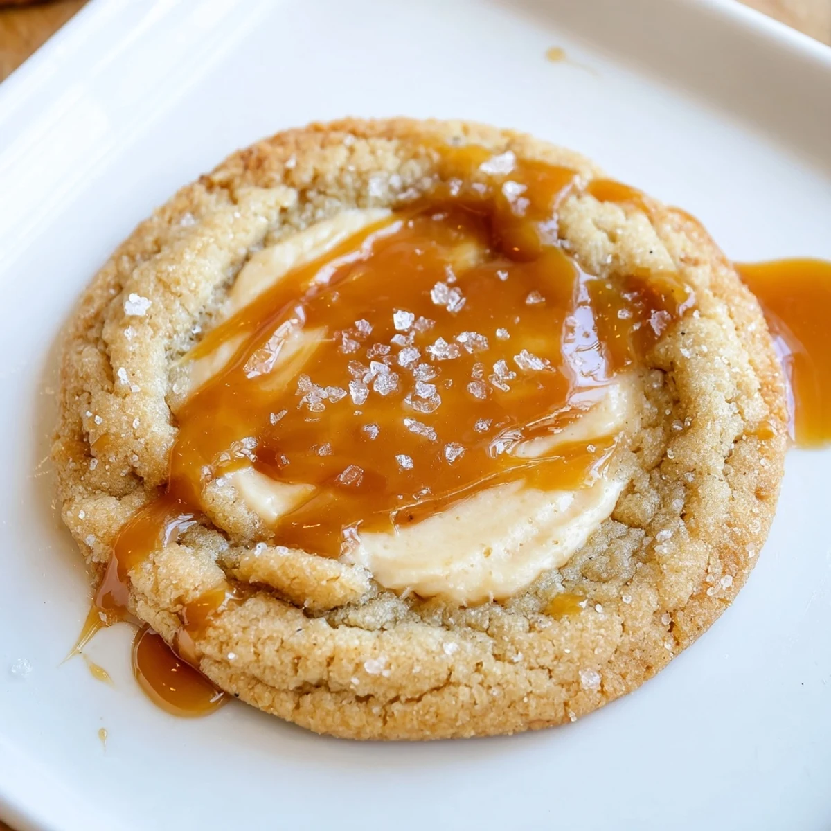 Soft caramel cheesecake cookies with golden caramel drizzle on a rustic baking sheet