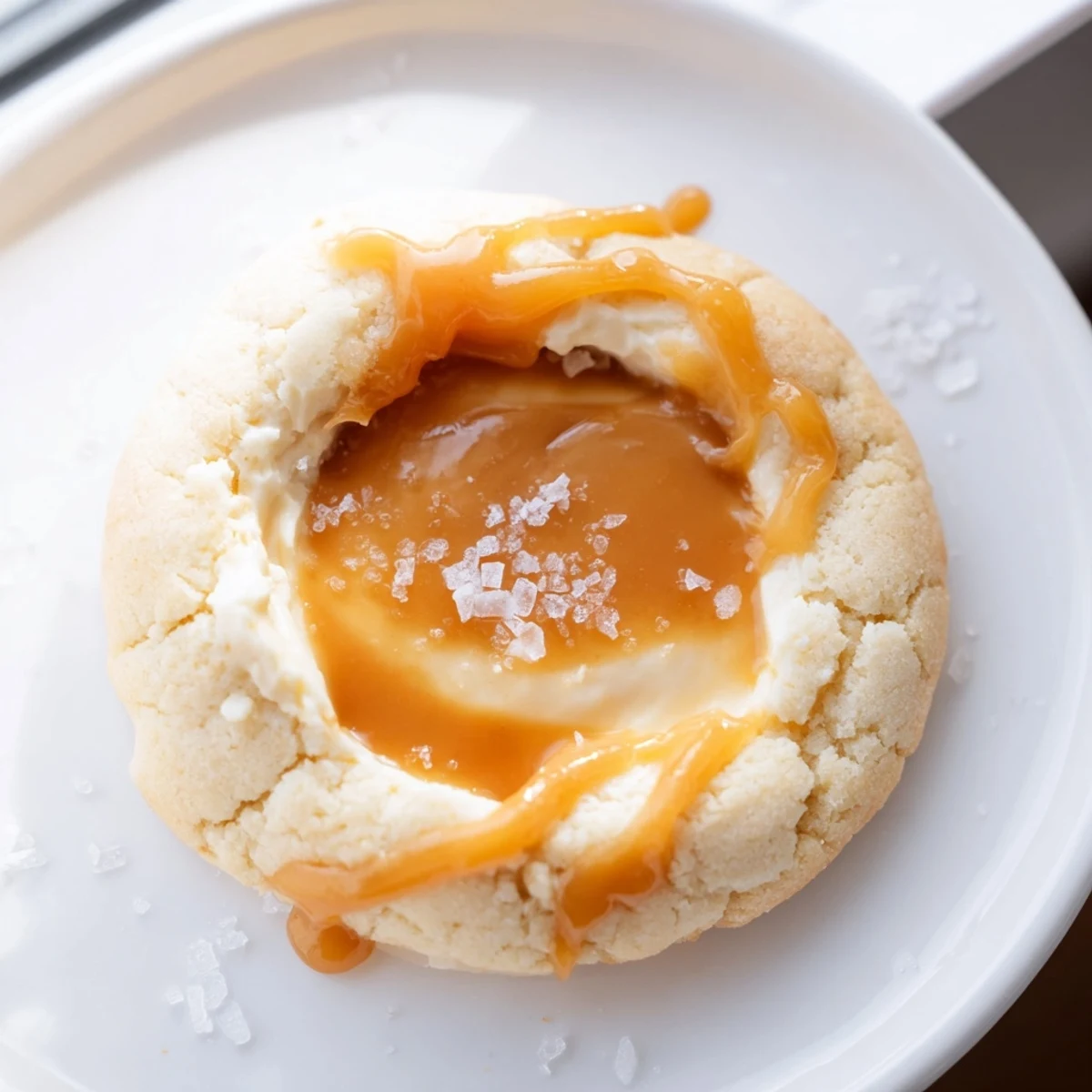 Warm caramel cheesecake cookies fresh from the oven topped with velvety caramel sauce