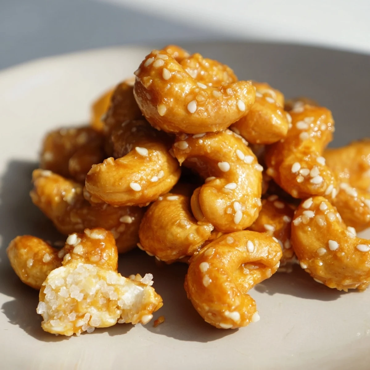 Golden honey sesame cashews glistening with a sticky sweet glaze on parchment paper