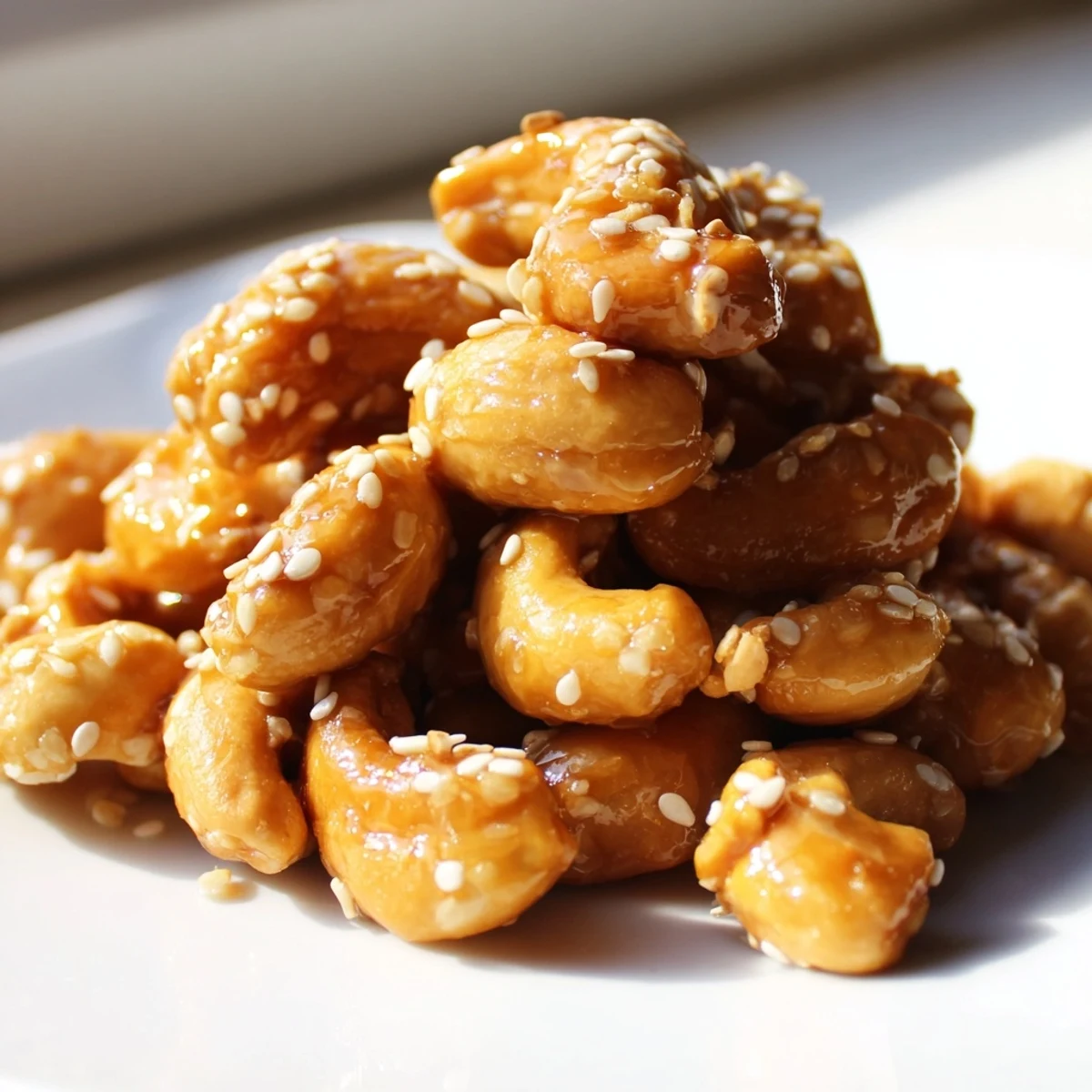 Crunchy honey sesame cashews scattered with toasted seeds in a rustic bowl