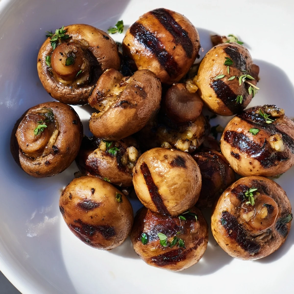 Juicy grilled garlic butter mushrooms with charred edges served on a rustic platter