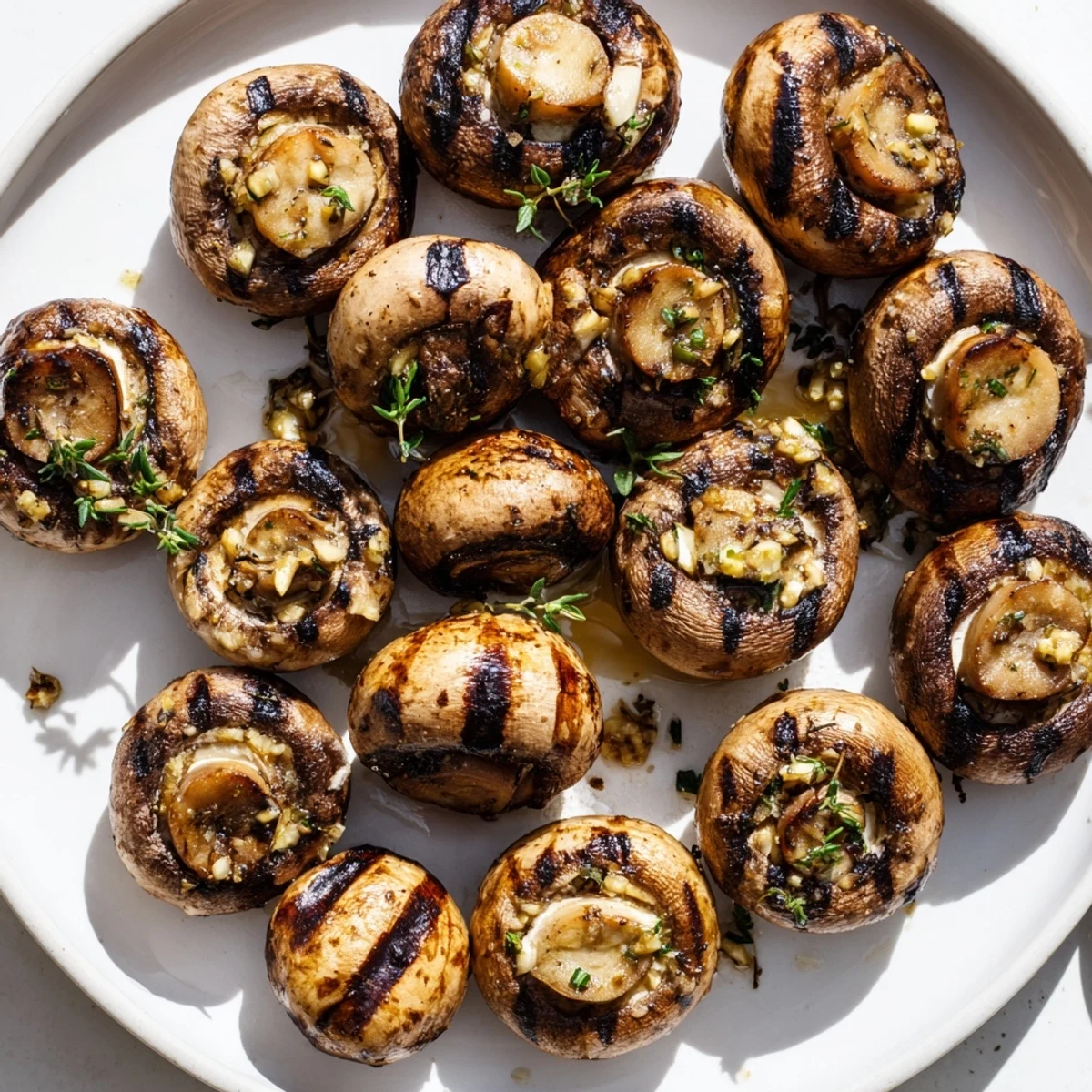Tender smoky garlic butter marinated grilled mushrooms piled high in a cast iron skillet