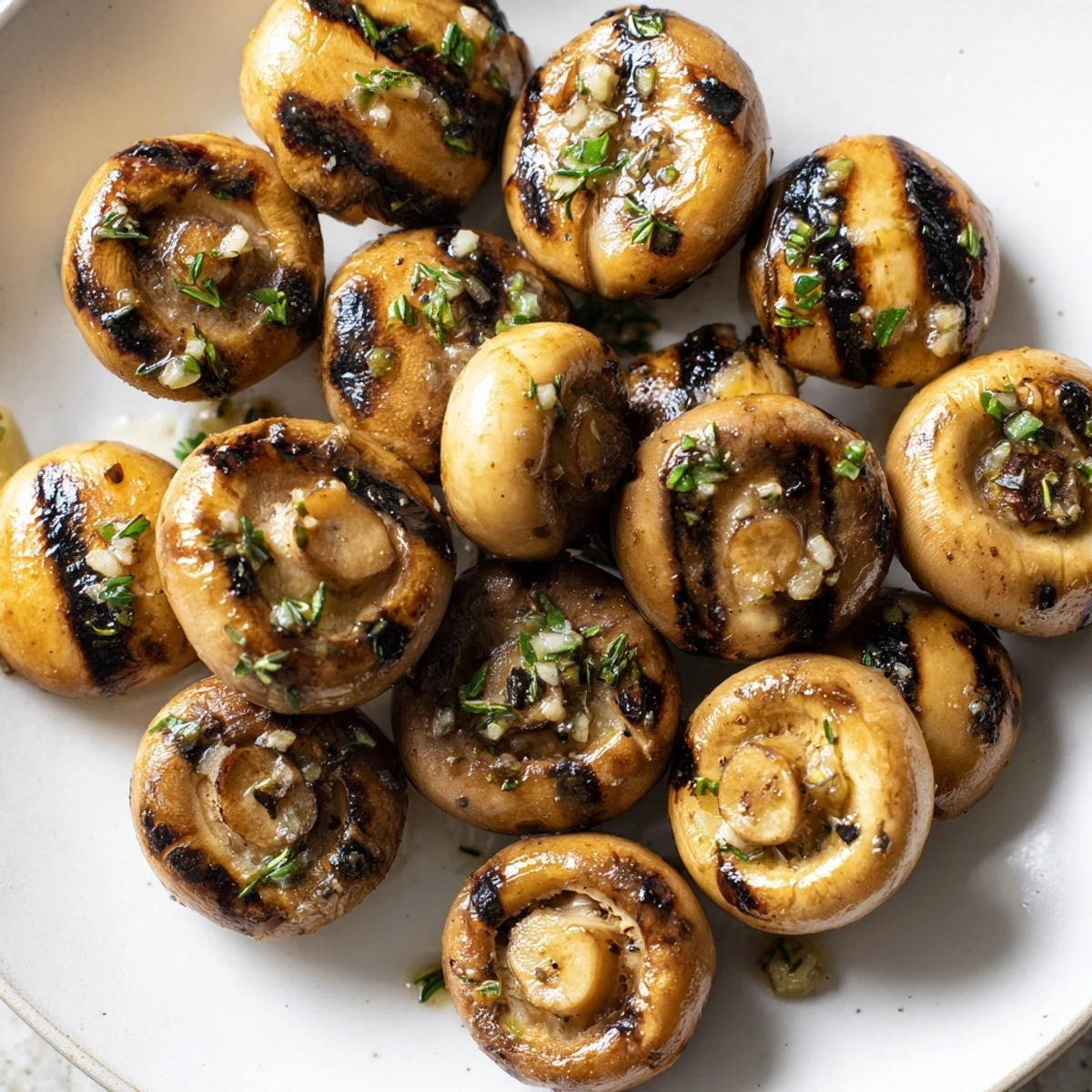 Steakhouse garlic butter grilled mushrooms glistening with herby marinade and bold grill marks