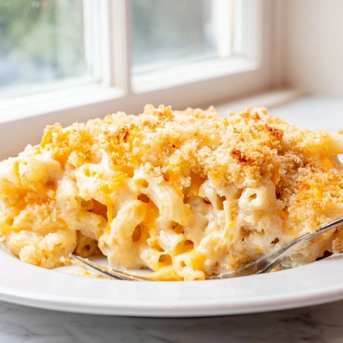 Creamy macaroni cheese with golden breadcrumb topping served steaming from the oven