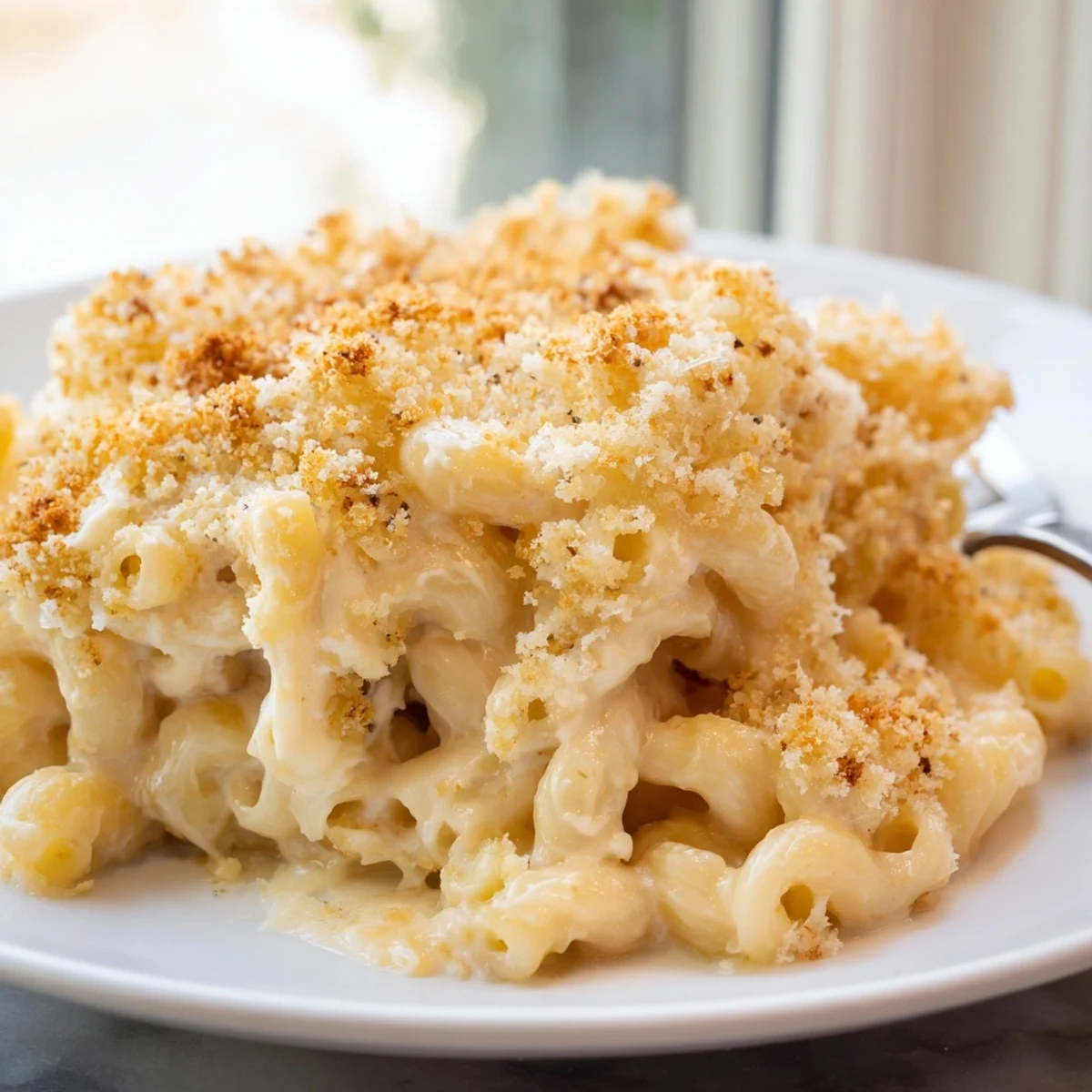 Baked macaroni cheese bubbling with melted cheddar and Gruyère in a cast iron dish