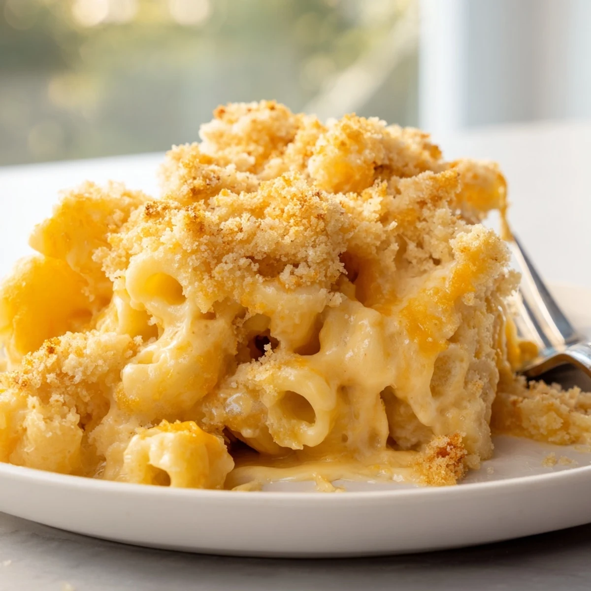 Velvety macaroni cheese scooped onto a plate with a crispy golden cheese crust
