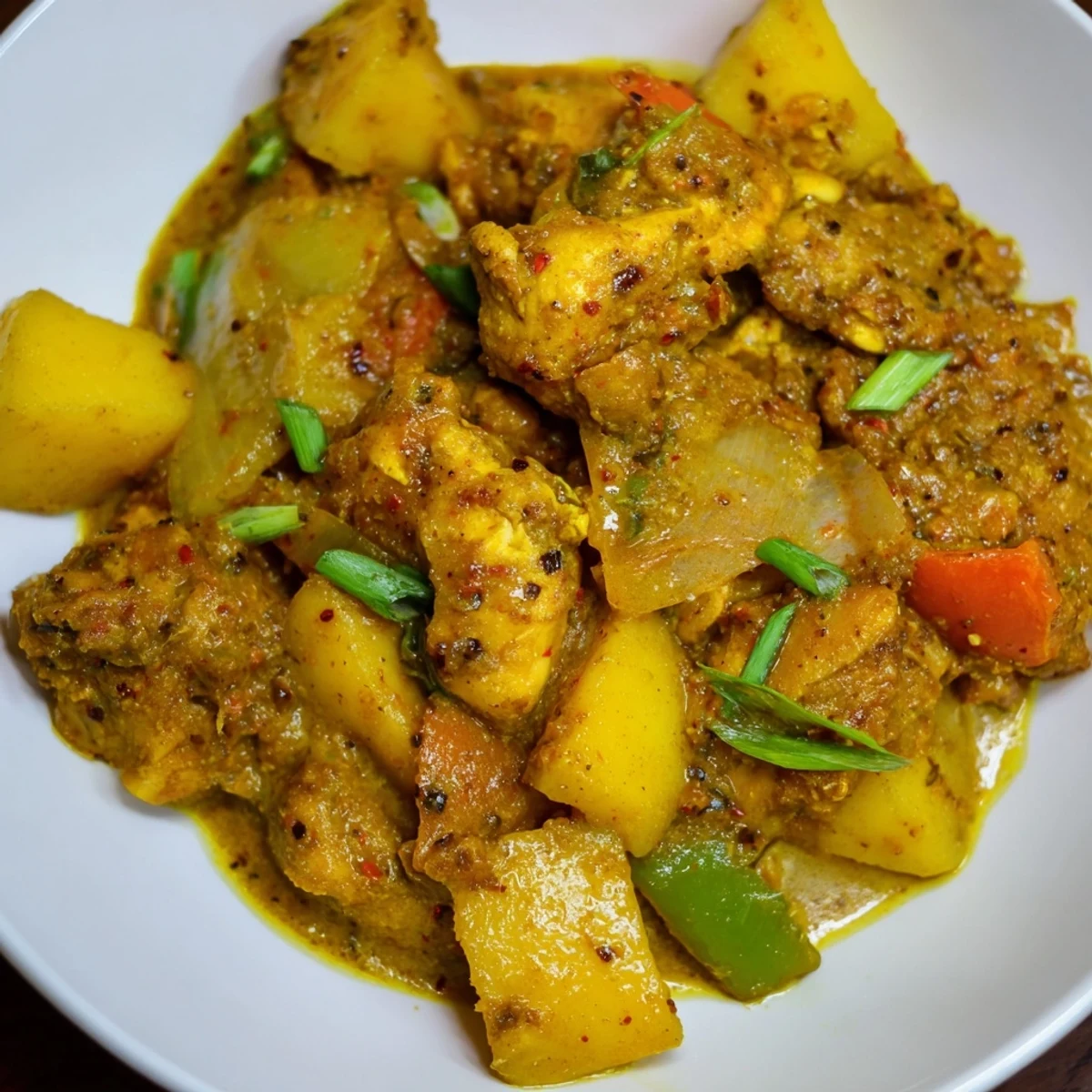 Golden Jamaican curry chicken simmering in a rich, aromatic sauce with tender potatoes and fresh thyme.
