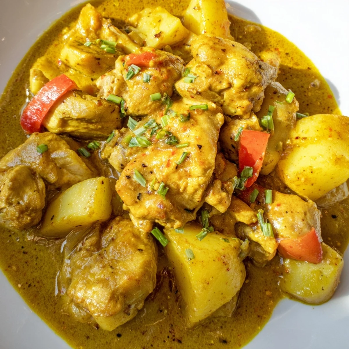 Steaming bowl of authentic Jamaican curry chicken served over fluffy white rice with scallions.